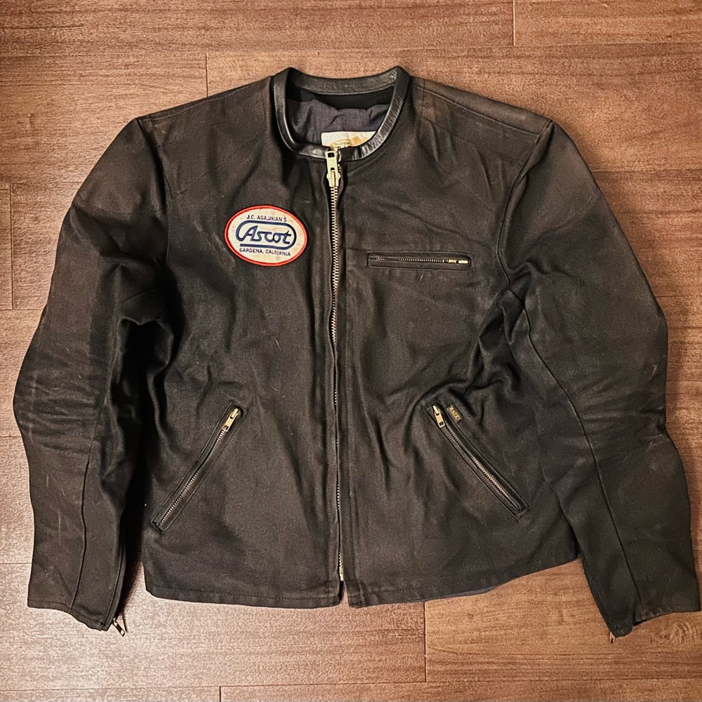 Wax canvas racing biker jacket. Made by Ascot x Bates Leather company. Lg-XL